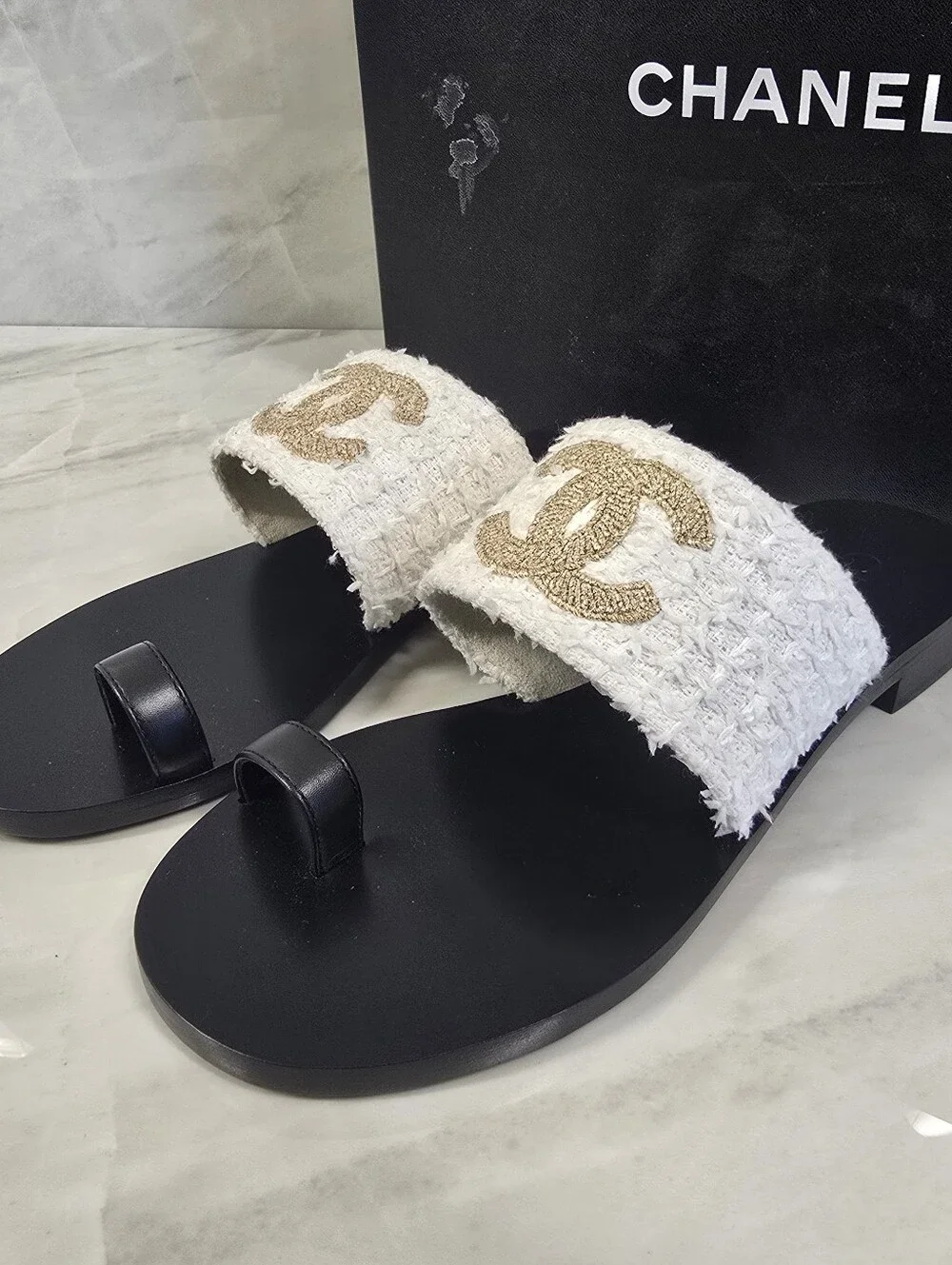 Chanel White Tweed & Gold Logo Slide Sandals